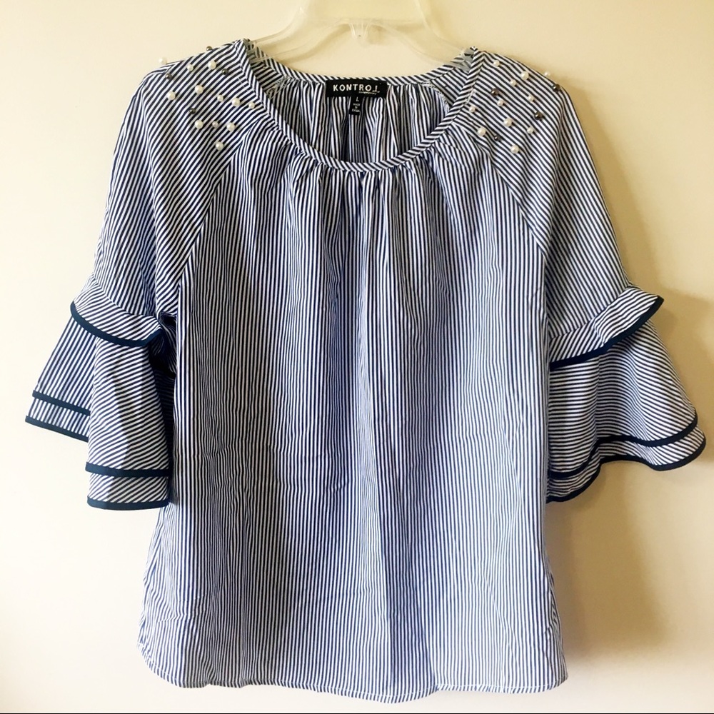 Embellished Blouse Blue and White - Large